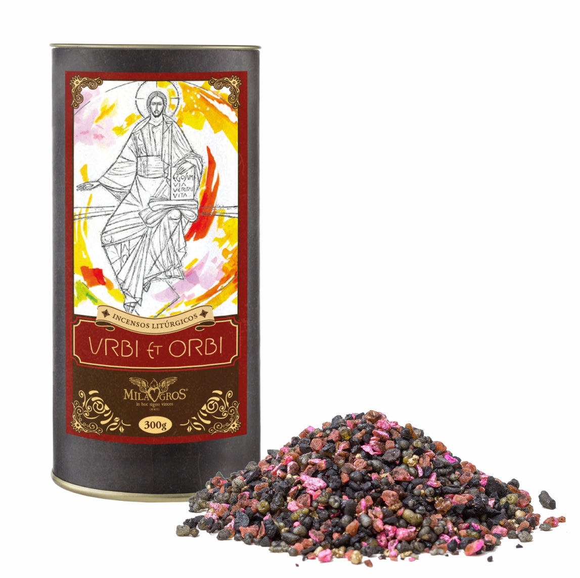 300g canister of Milagros Urbi et Orbi resin incense beside a pile of resin grains.