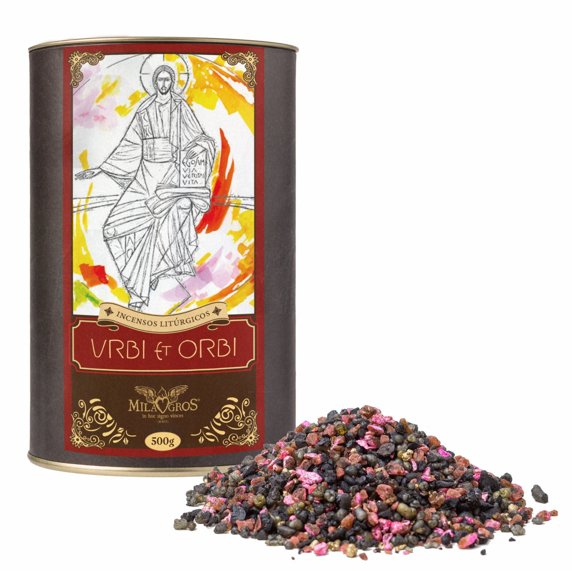 500g canister of Milagros Urbi et Orbi resin incense beside a pile of resin grains.