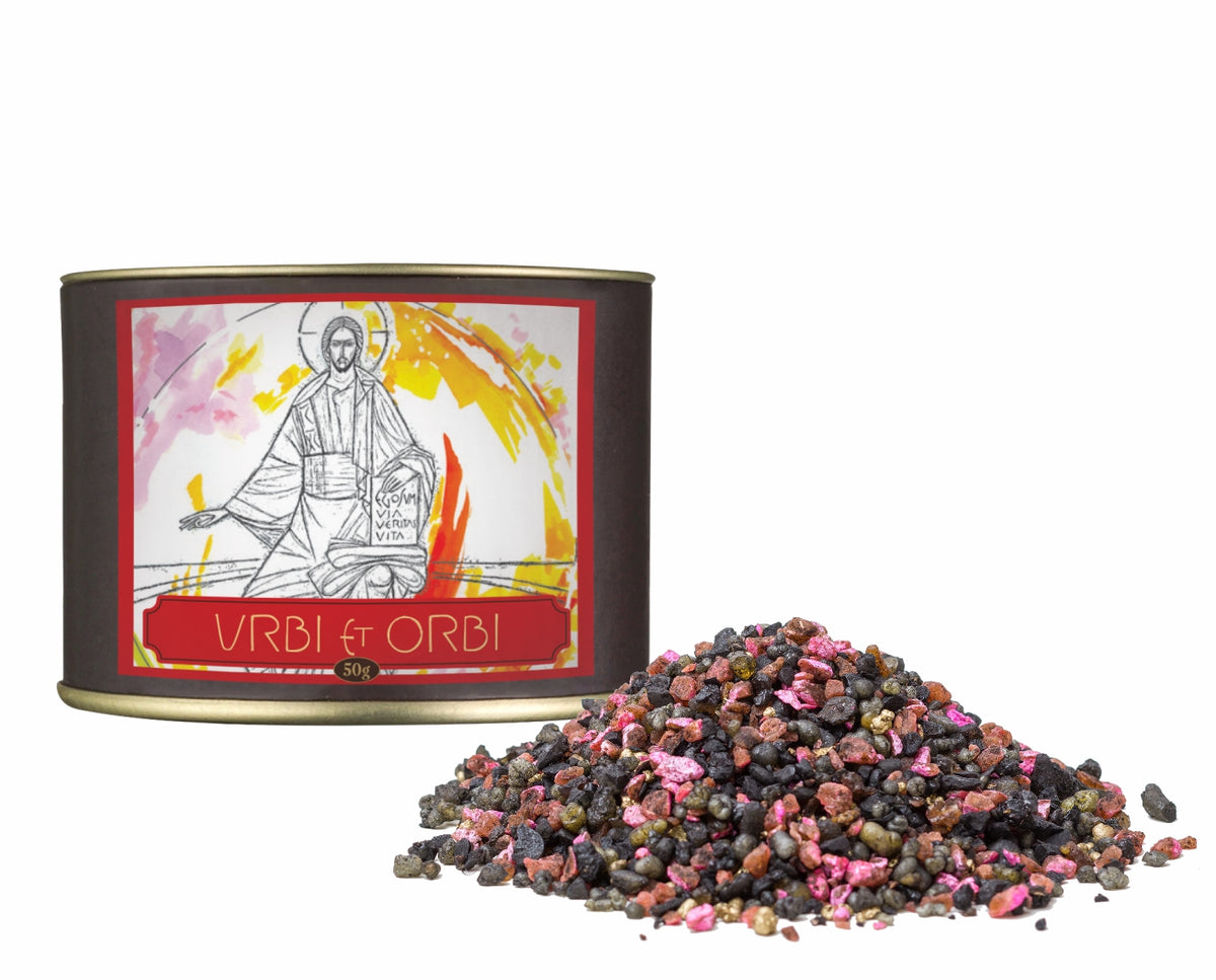 50g canister of Milagros Urbi et Orbi resin incense beside a pile of resin grains.