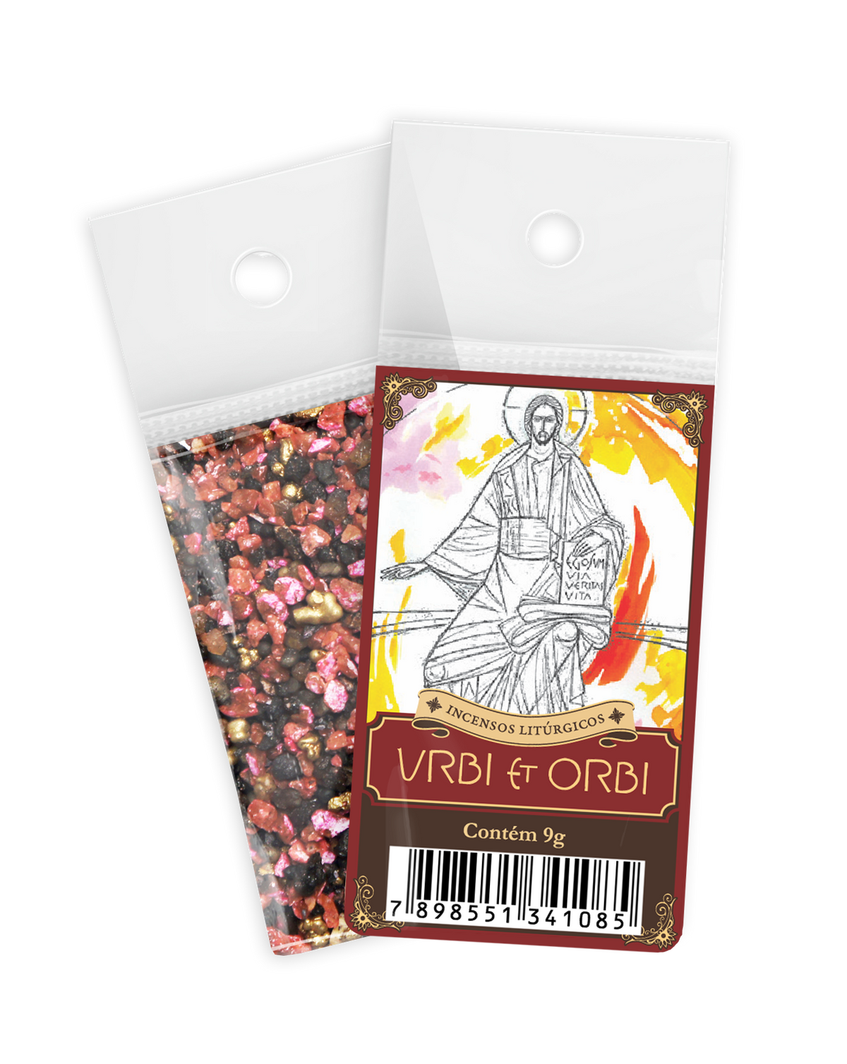 9g sachet of Milagros Urbi et Orbi resin incense, shown front and back with devotional label.
