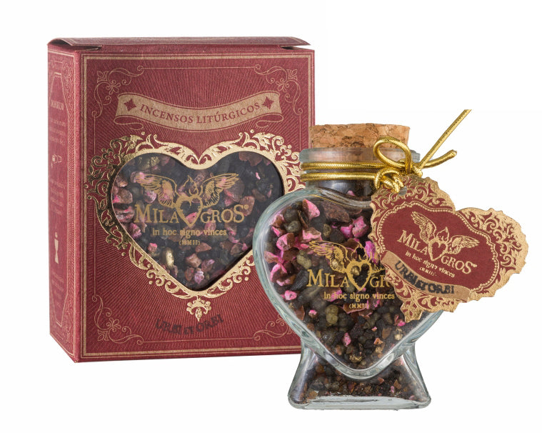 Heart-shaped Cuore glass jar (47g) of Milagros Urbi et Orbi resin incense with cork stopper and gift box.