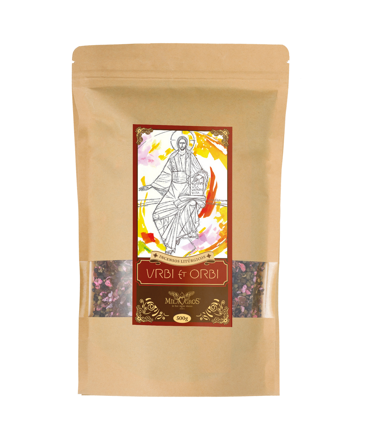 500g kraft refill pouch of Milagros Urbi et Orbi resin incense — rose, balsamic resins, and aromatic oils.