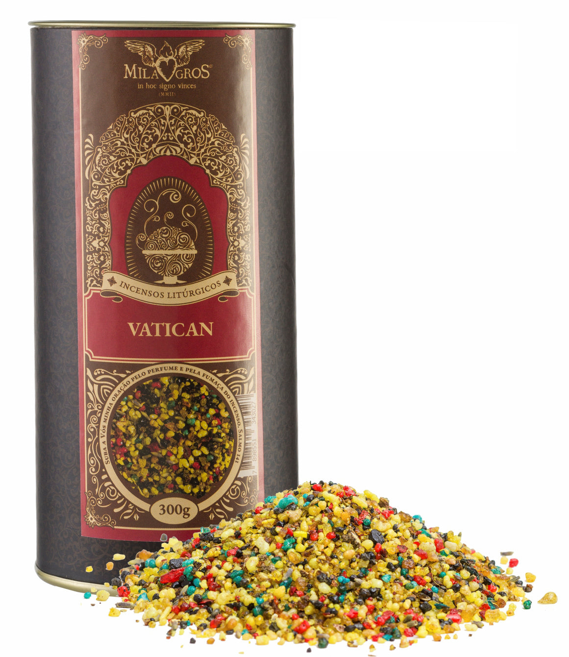 300g canister of Milagros Vatican resin incense beside a pile of resin grains.