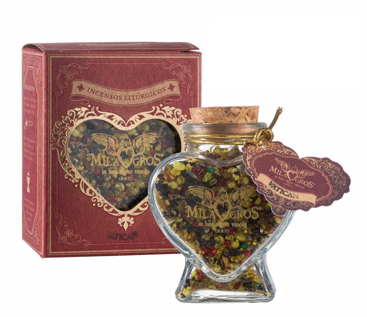 Heart-shaped Cuore glass jar (47g) of Milagros Vatican resin incense with cork stopper and gift box.