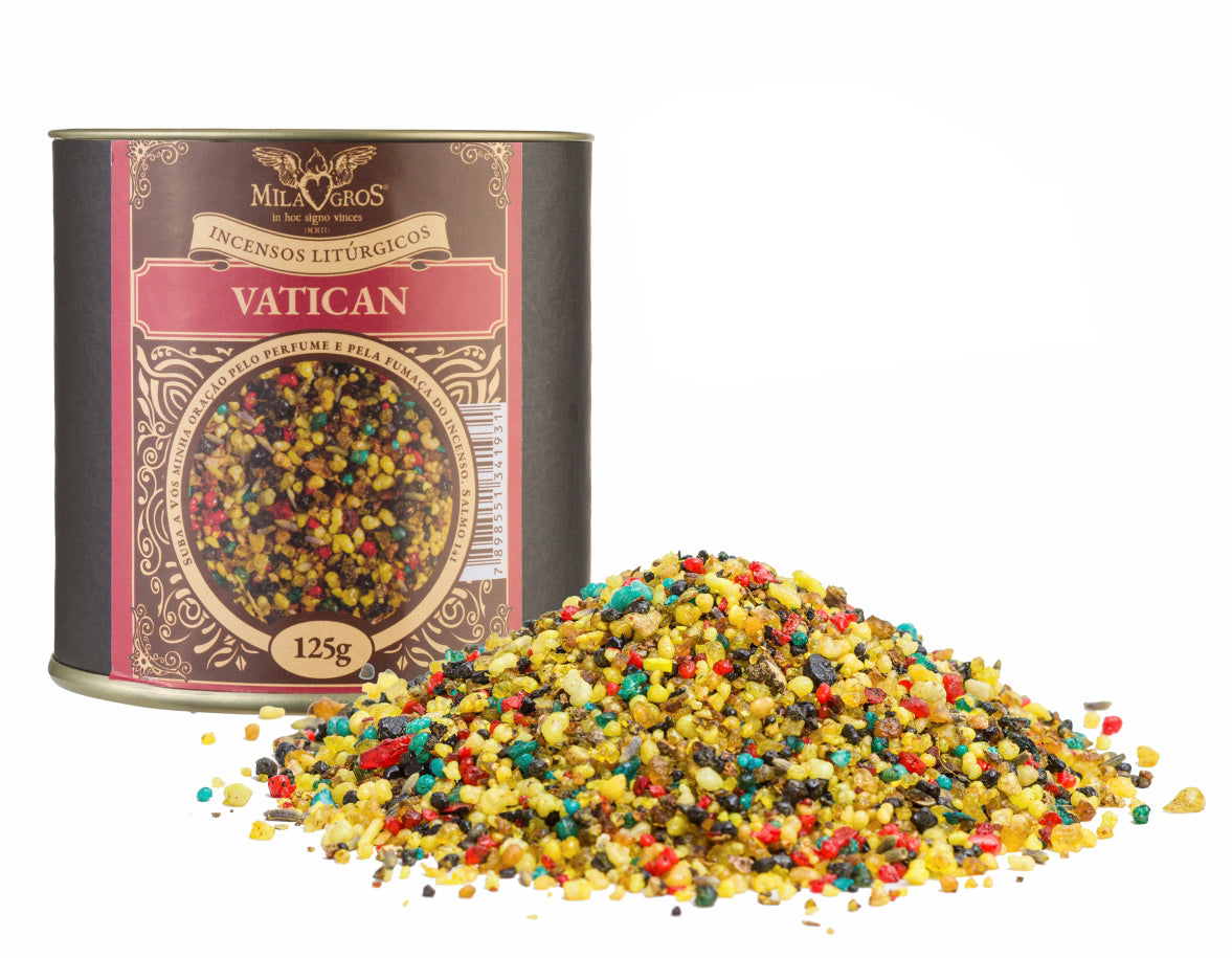 125g canister of Milagros Vatican resin incense beside a pile of resin grains.