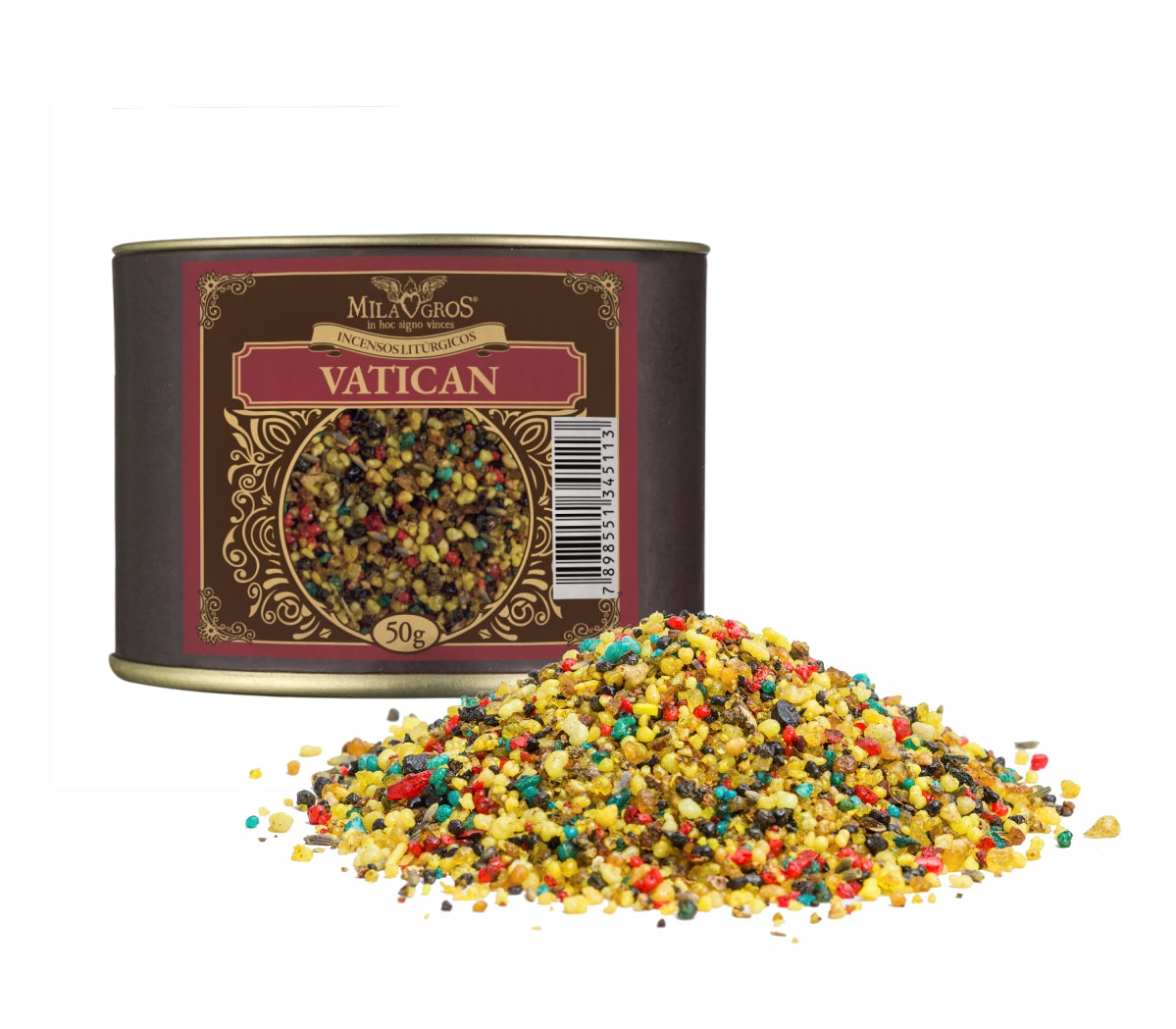 50g canister of Milagros Vatican resin incense beside a pile of resin grains.