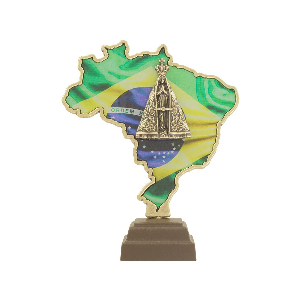 Our Lady of Aparecida Figurine 4.6 in — Metal Base with Brazilian Flag Backdrop