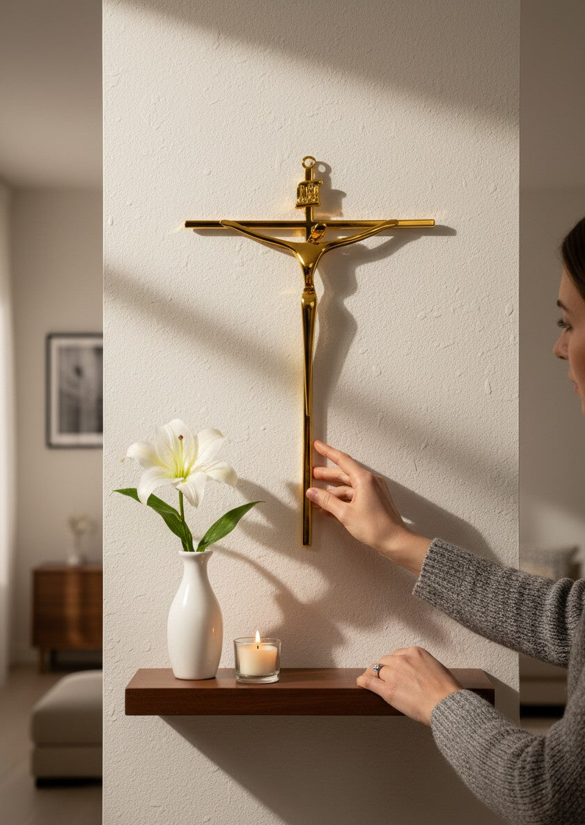 Modern Stylized Crucifix Wall Cross — Polished Gold
