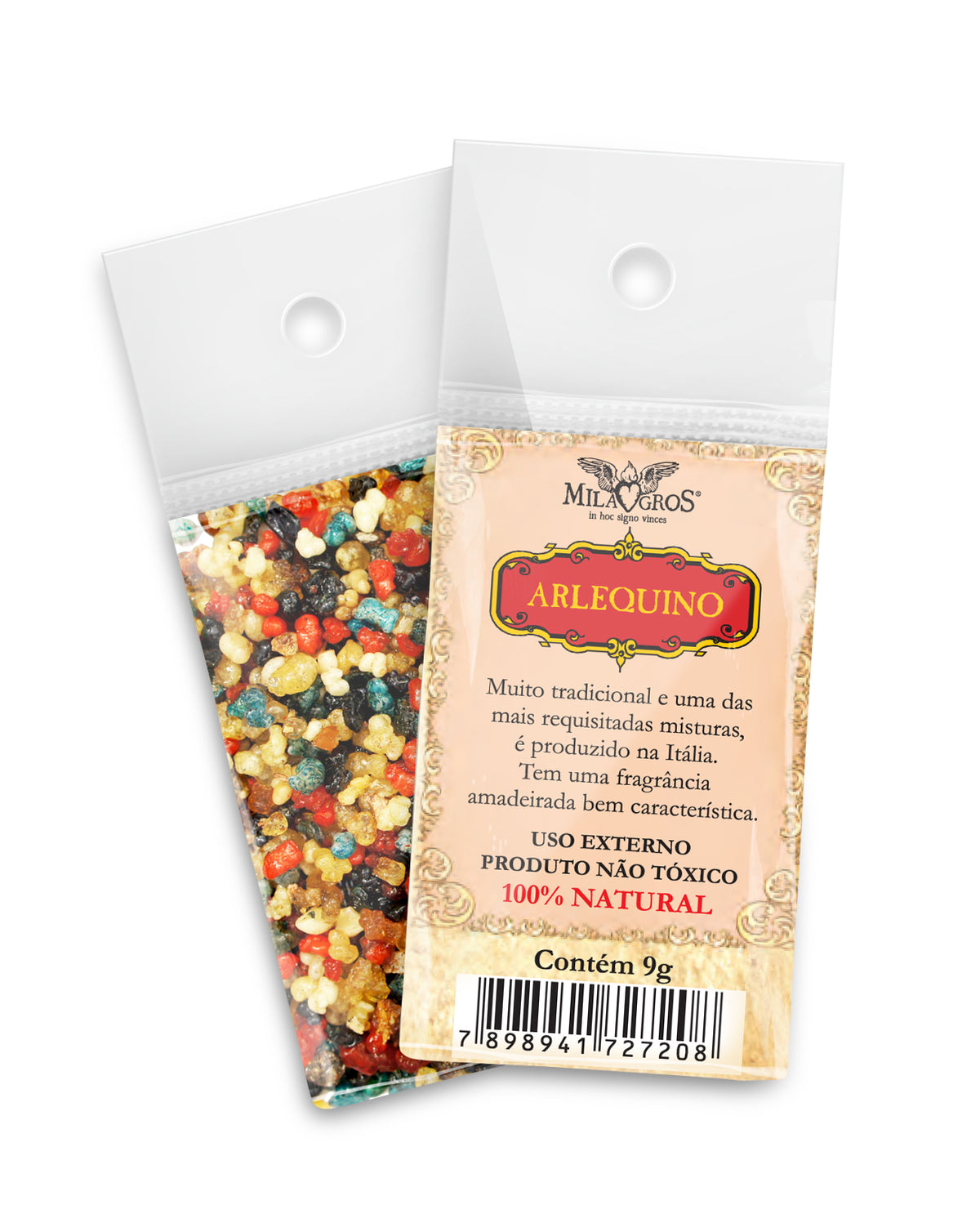 9g sachet of Milagros Arlequino resin incense, shown front and back with devotional label.