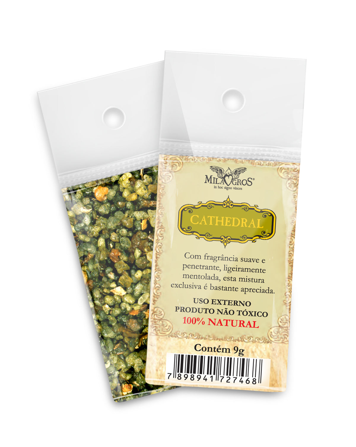 9g sachet of Milagros Cathedral resin incense, shown front and back with devotional label.