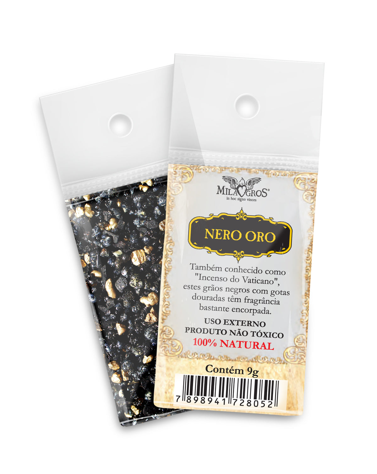9g sachet of Milagros Nero Oro resin incense, shown front and back with devotional label.