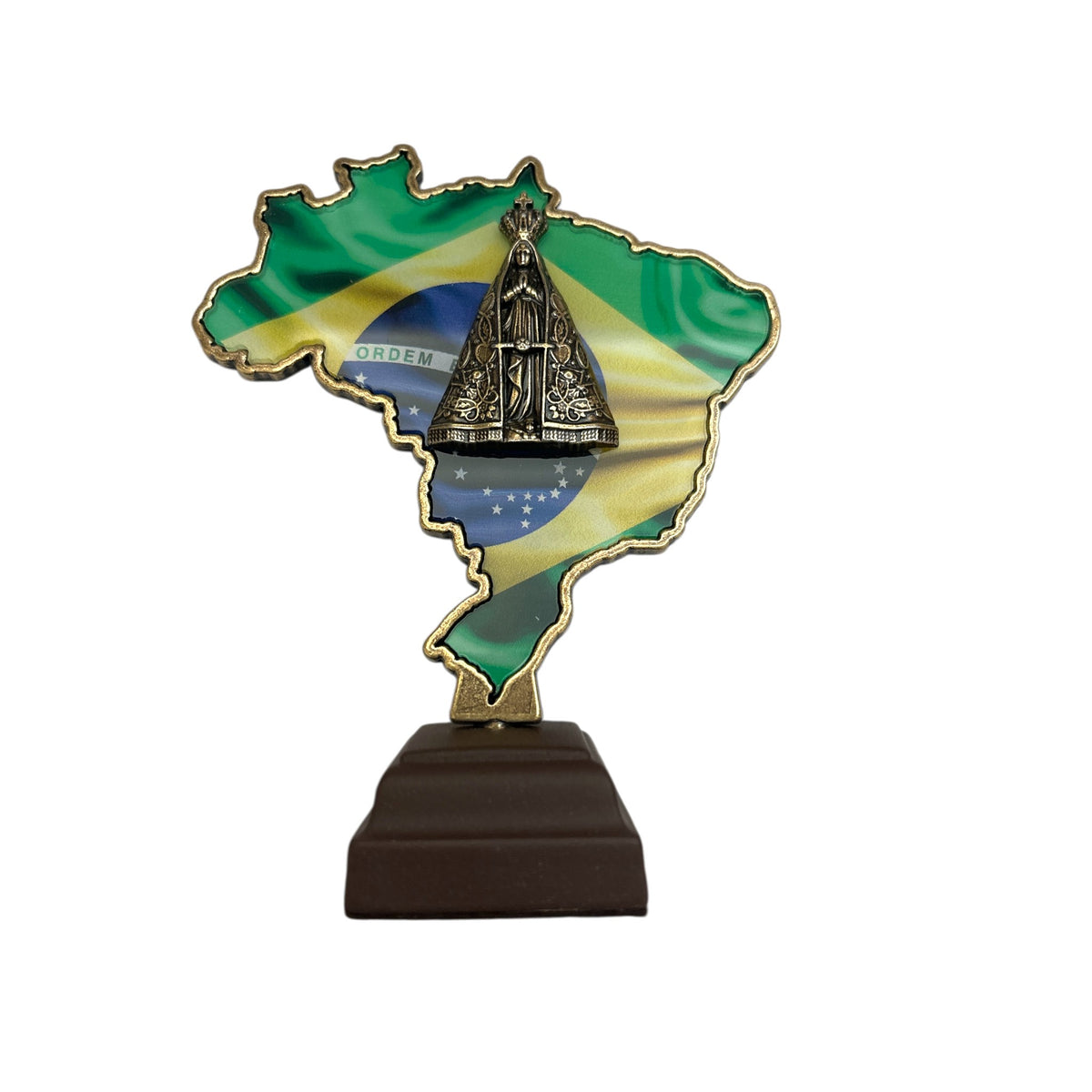 Our Lady of Aparecida Figurine 4.6 in — Metal Base with Brazilian Flag Backdrop