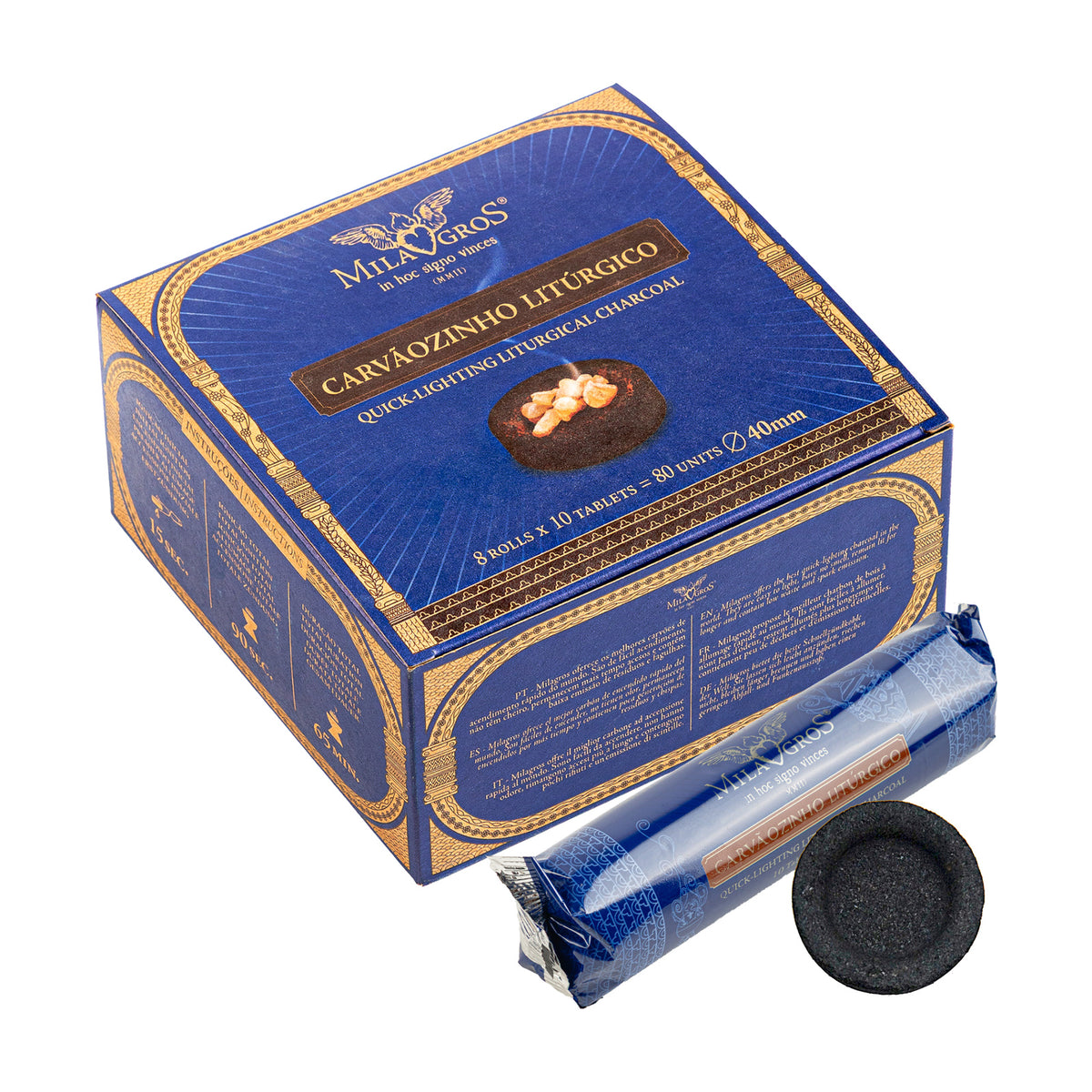 Box of 80 Milagros quick-light charcoal tablets, 1.6 in (40 mm)