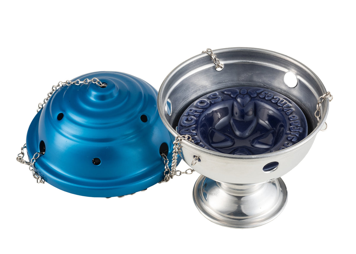 Matte turquoise thurible shown open, with vented lid and blue embossed ceramic liner
