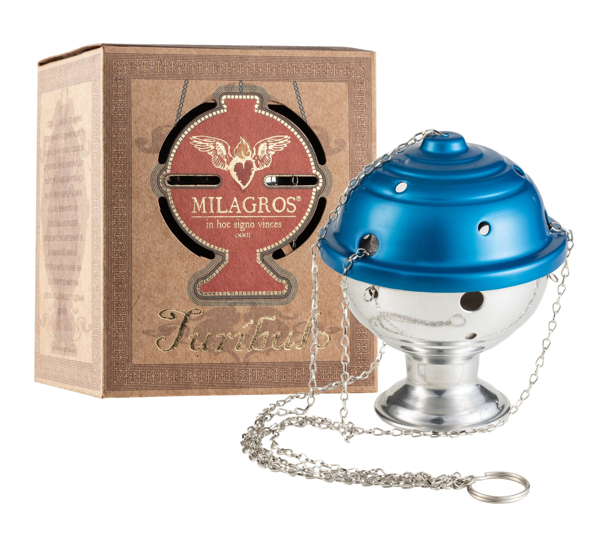 Matte turquoise chained censer beside its kraft Milagros gift box