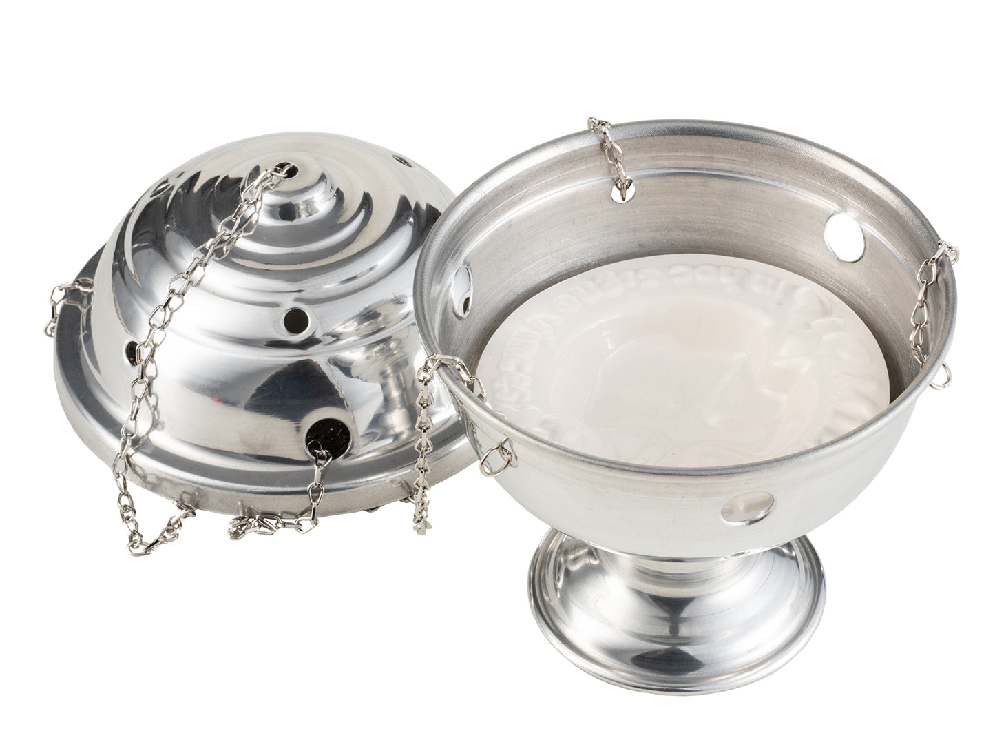 Polished silver thurible shown open, with vented lid and white ceramic liner