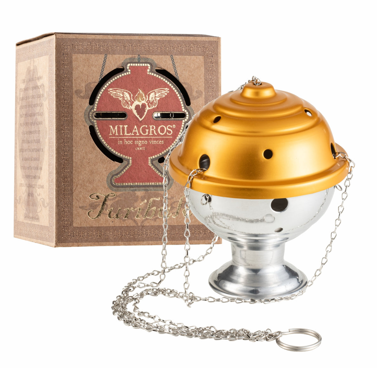 Matte gold chained censer beside its kraft Milagros gift box