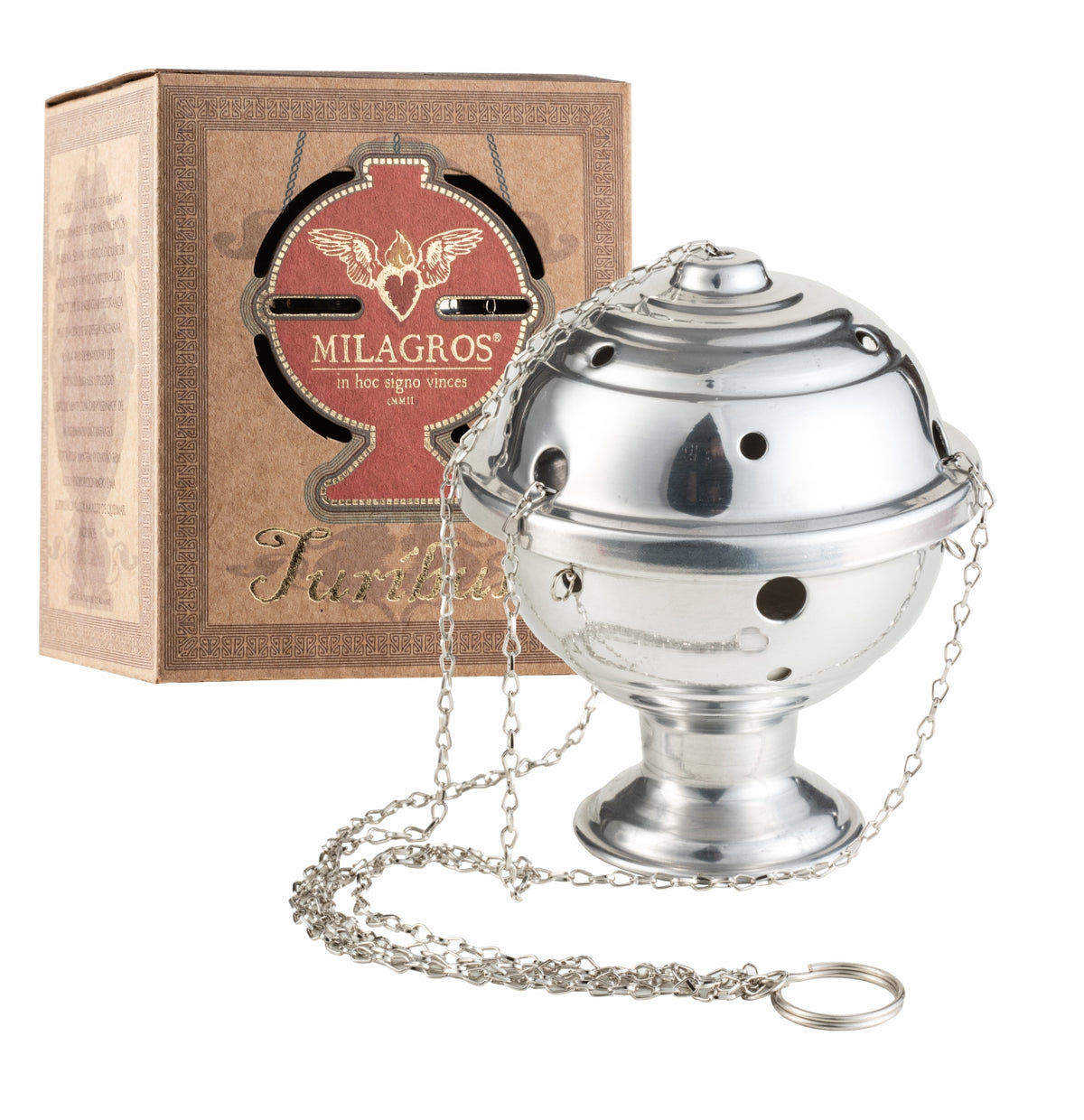 Polished silver chained censer beside its kraft Milagros gift box