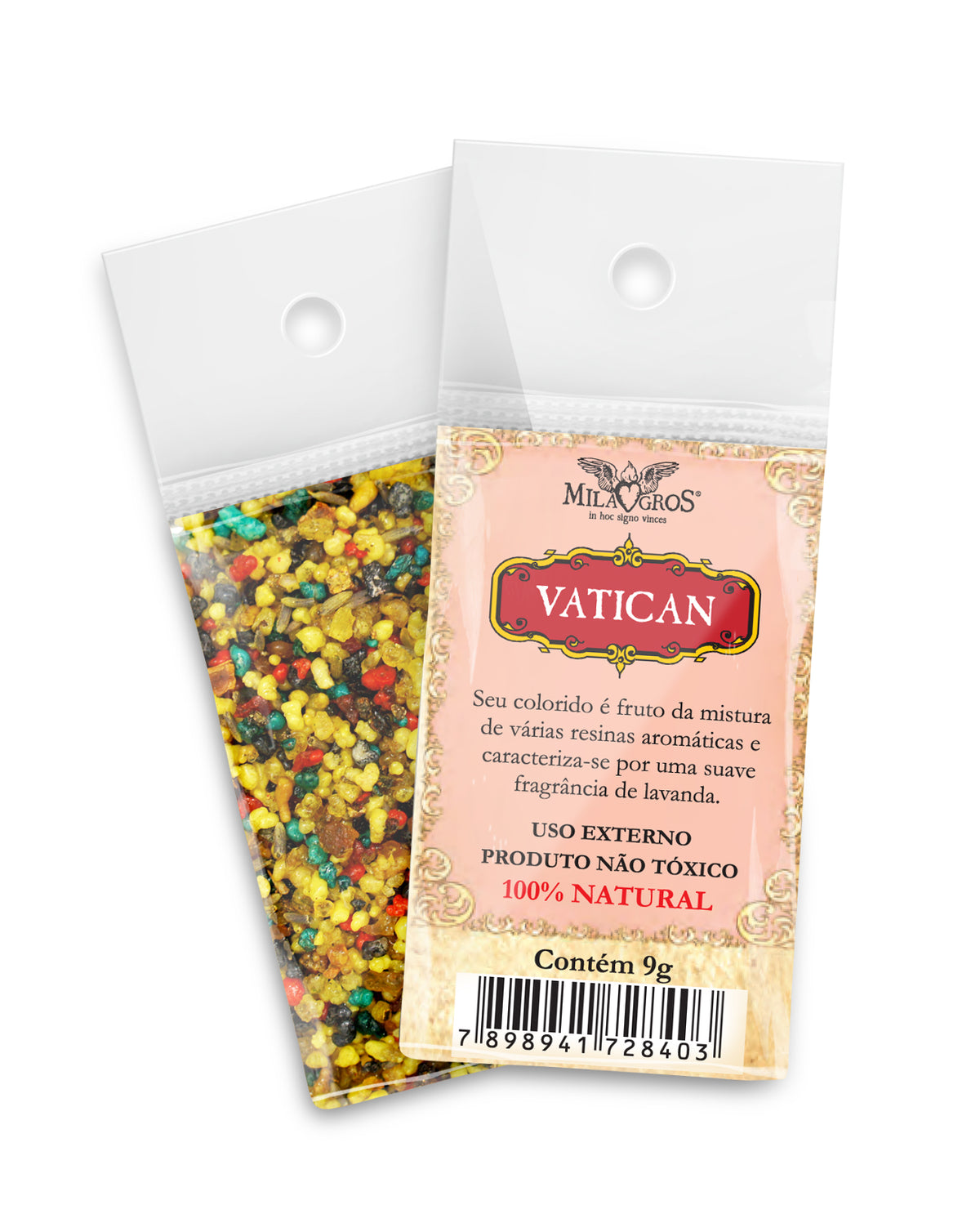 9g sachet of Milagros Vatican resin incense, shown front and back with devotional label.