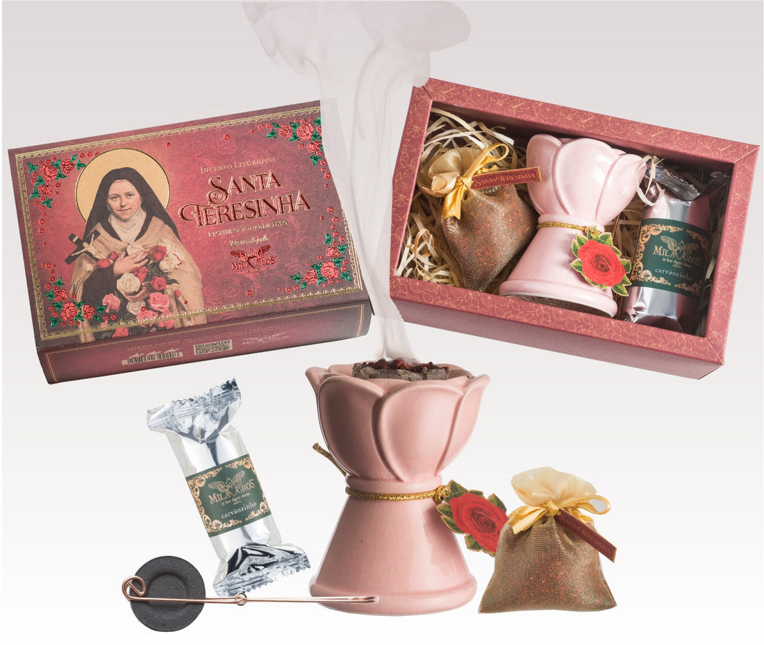 Saint Therese of Lisieux prayer kit with the rose ceramic burner lit and smoke rising.