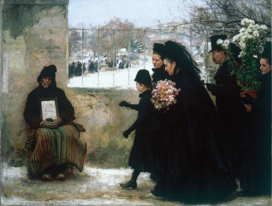 La Toussaint (All Saints' Day) by Émile Friant, 1888: a family in mourning carries chrysanthemums to the cemetery