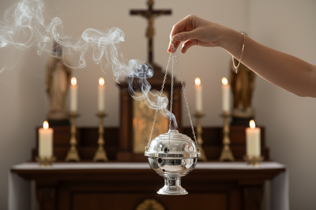 Hand holding a Catholic hand censer mid-swing, smoke trailing behind in an indoor devotional setting