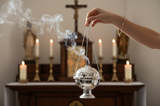 Hand holding a Catholic hand censer mid-swing, smoke trailing behind in an indoor devotional setting