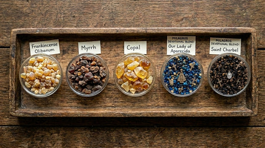 Five varieties of resin incense displayed in small dishes — frankincense, myrrh, copal, and the Our Lady of Aparecida and Saint Charbel resin incense blends.