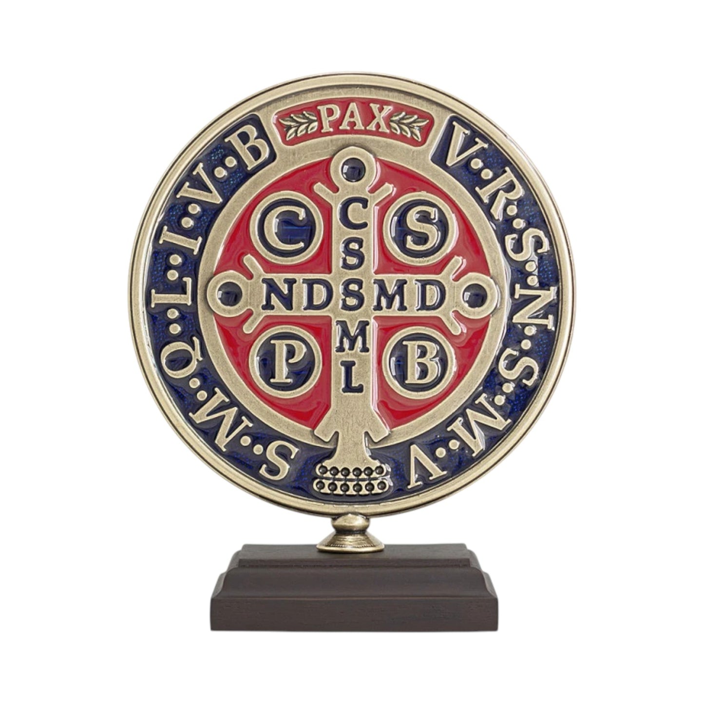 Saint Benedict Medal Tabletop Stand 6.3 Inches Antique Gold with Wood Base