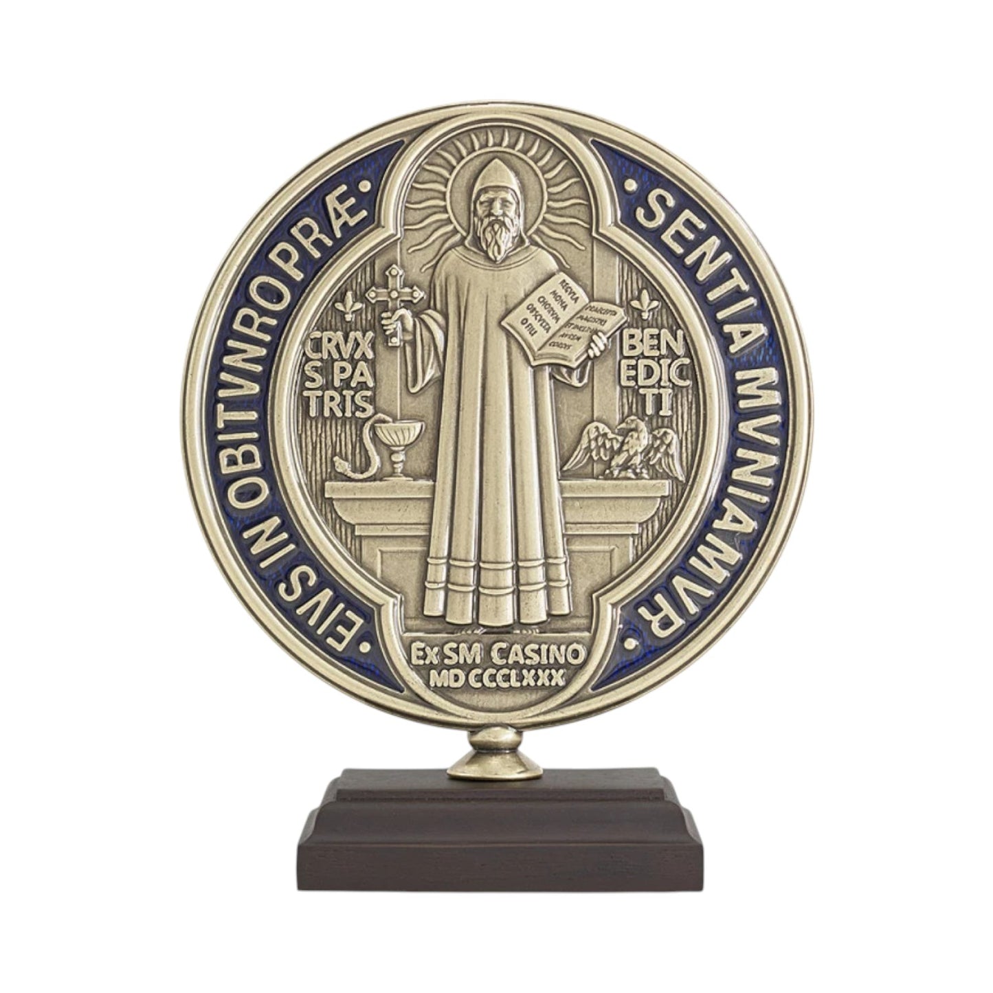 Saint Benedict Medal Tabletop Stand 6.3 Inches Antique Gold with Wood Base