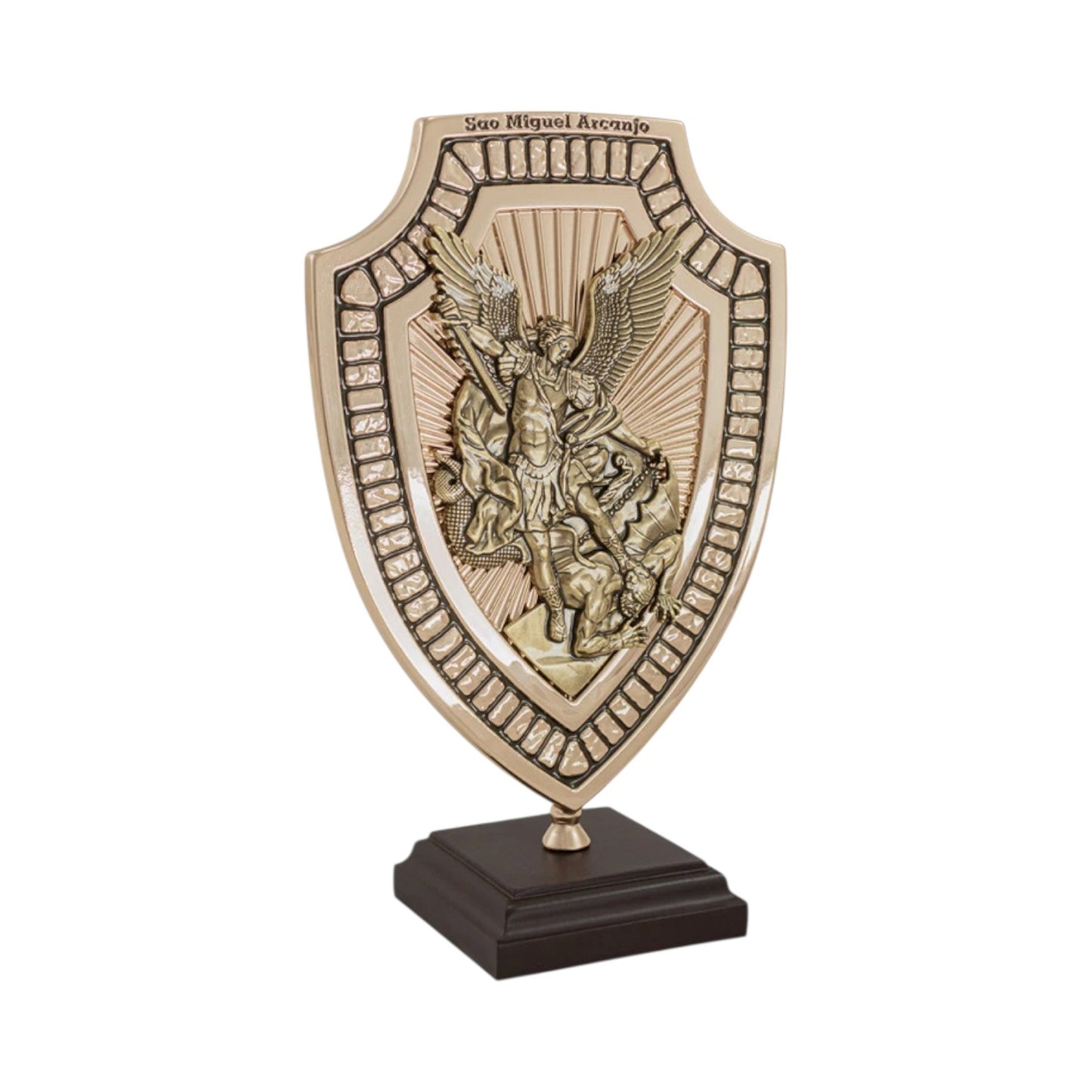 Saint Michael Archangel Tabletop Statue 8.3 Inches Gold & Antique Gold with Prayer