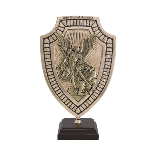Saint Michael Archangel Tabletop Statue 8.3 Inches Gold & Antique Gold with Prayer