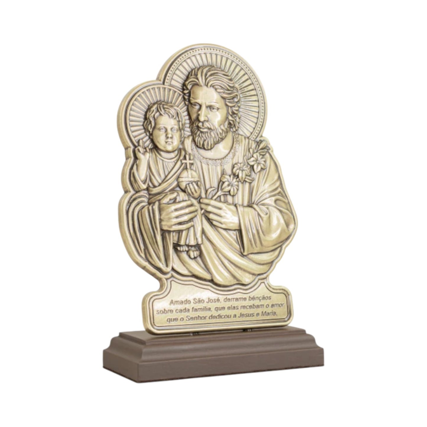 Saint Joseph Tabletop Figurine 8.5 Inches Antique Gold with Prayer & Wood Base