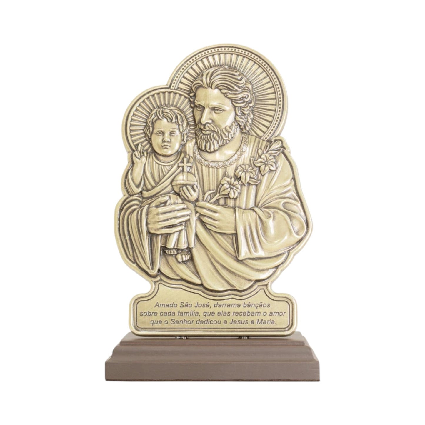Saint Joseph Tabletop Figurine 8.5 Inches Antique Gold with Prayer & Wood Base