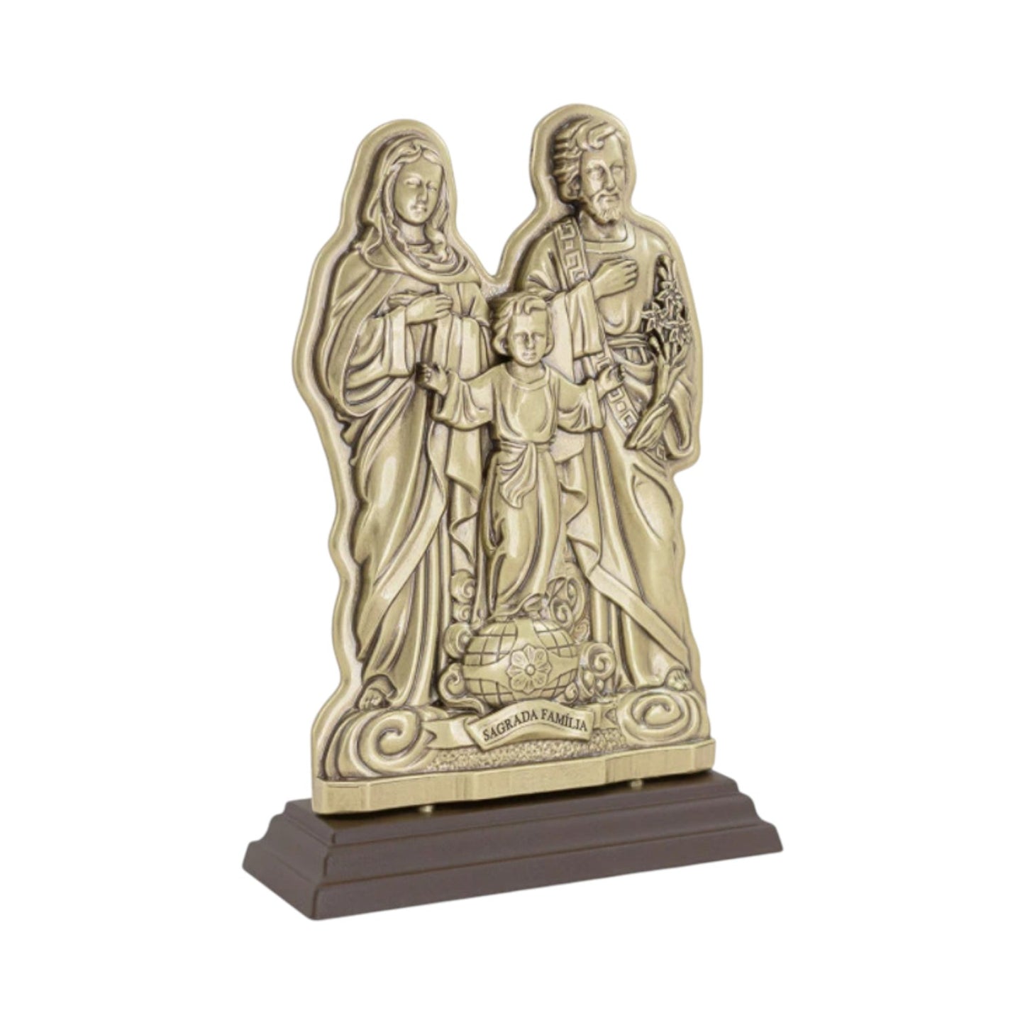 Holy Family Tabletop Figurine 7.9 Inches Antique Gold Finish with Prayer