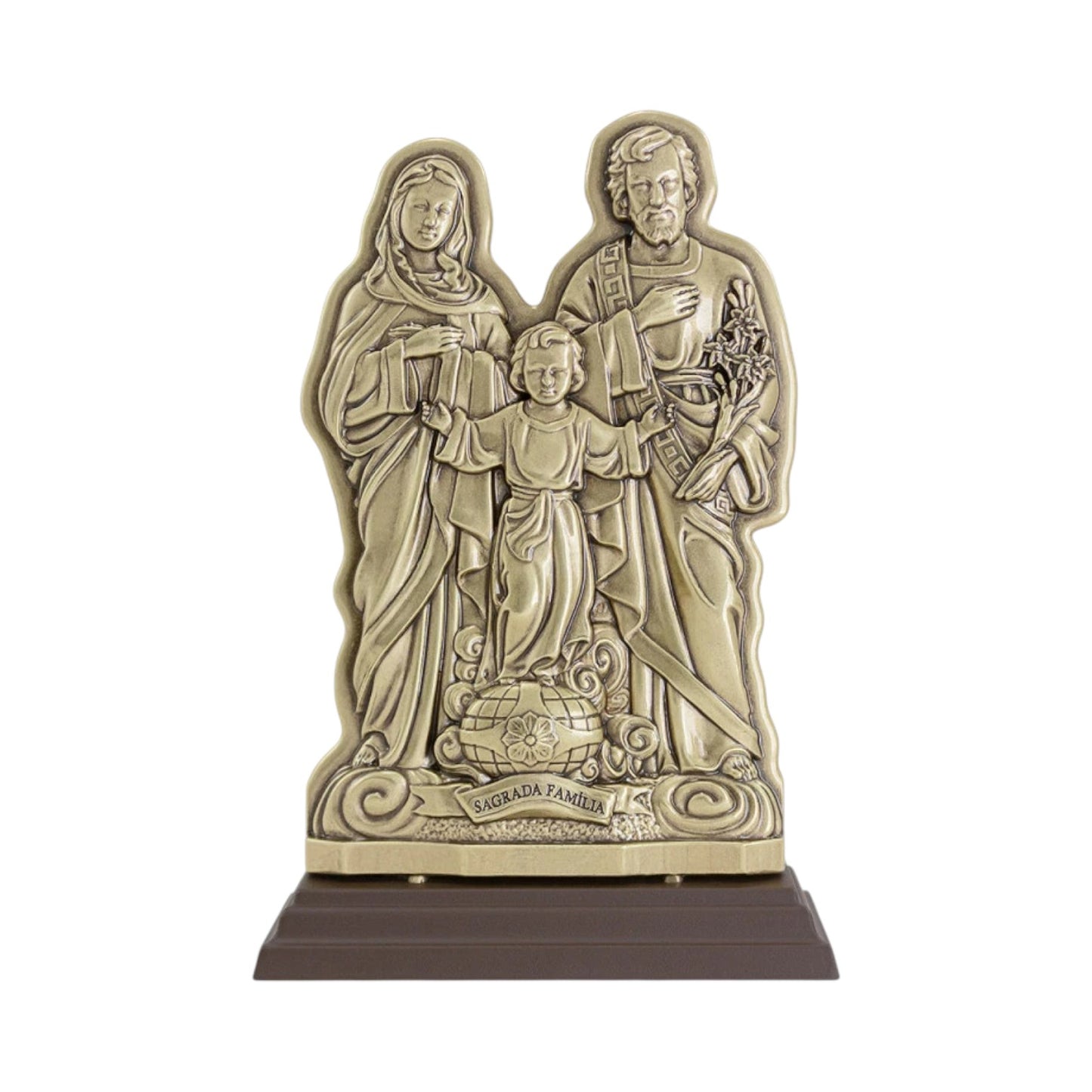 Holy Family Tabletop Figurine 7.9 Inches Antique Gold Finish with Prayer