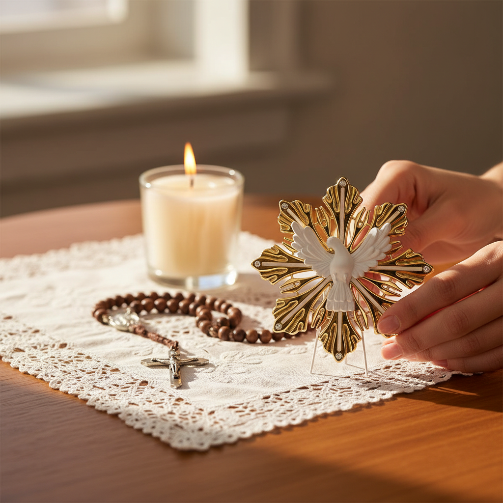 Holy Spirit Dove Ornament — Gold Sunburst with White Dove