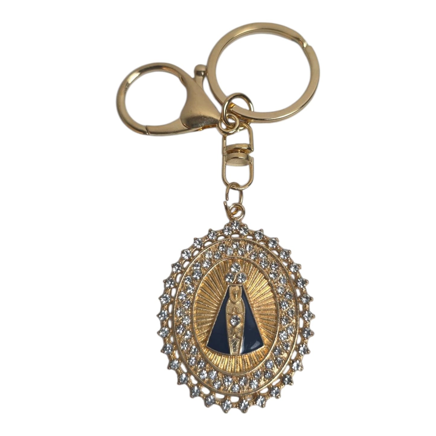 Our Lady of Aparecida Oval Metal Keychain with White Strass
