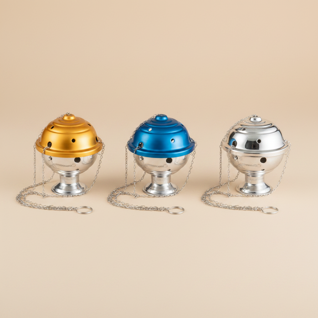 Aluminum chained censer in three finishes: matte gold, matte turquoise, and polished silver