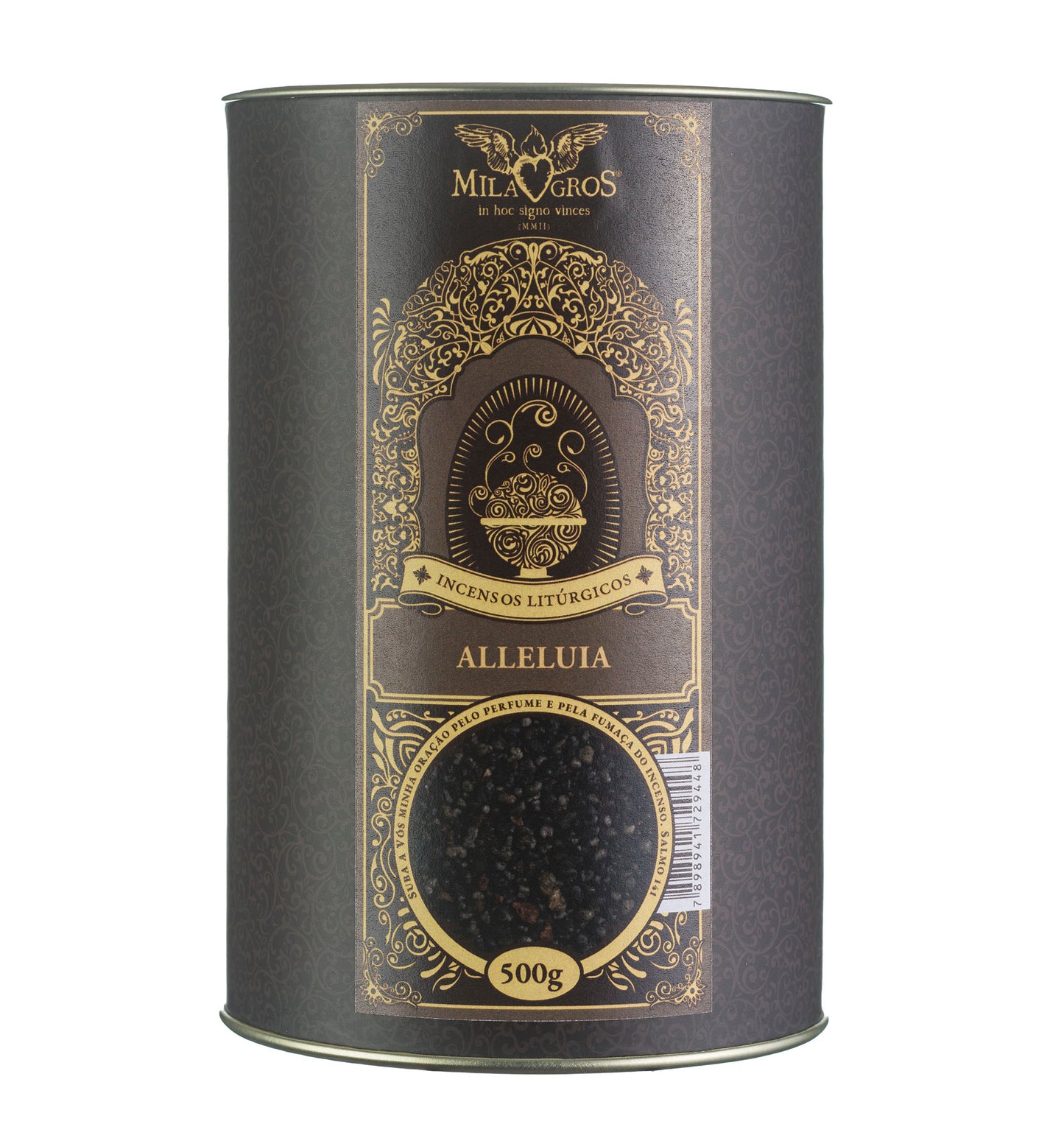 500g canister of Milagros Alleluia resin incense beside a pile of resin grains.