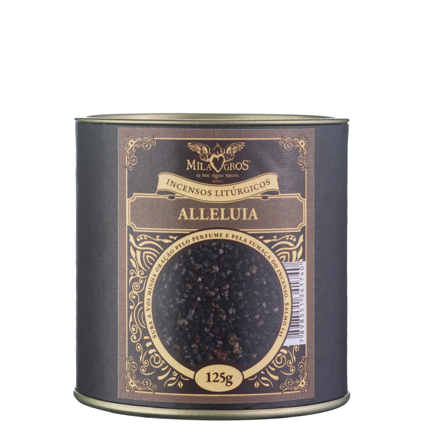 125g canister of Milagros Alleluia resin incense beside a pile of resin grains.