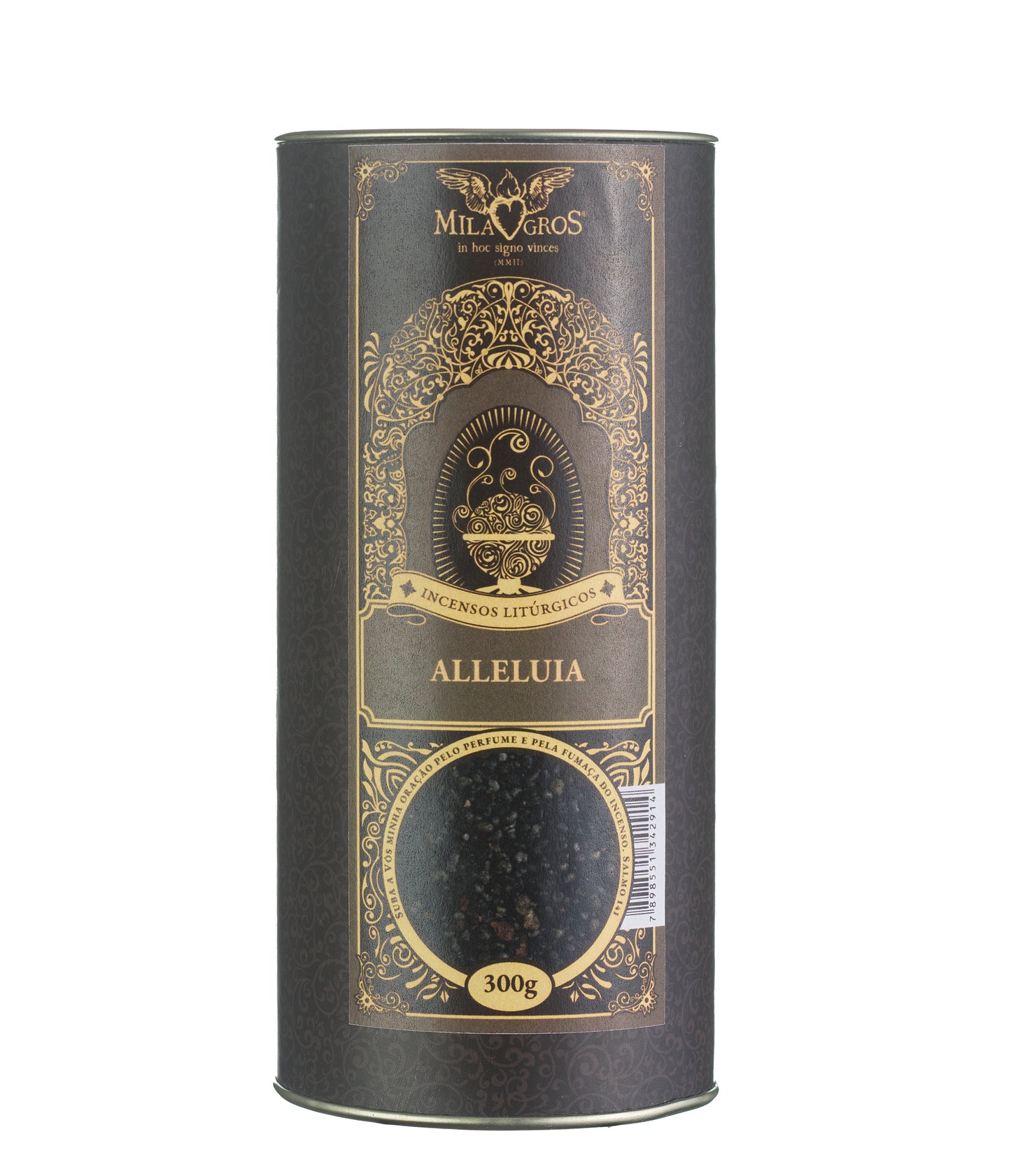 300g canister of Milagros Alleluia resin incense beside a pile of resin grains.