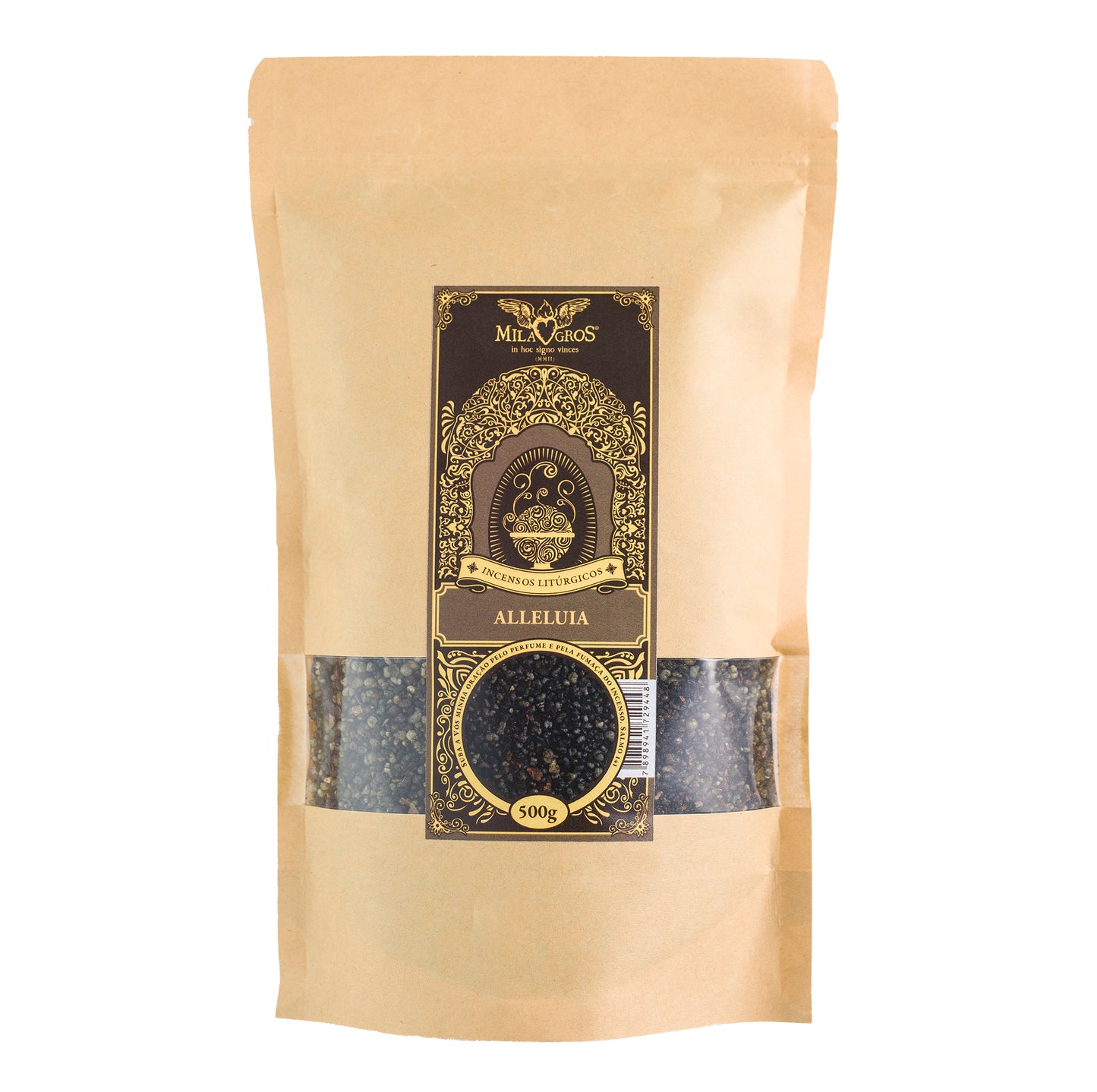 500g canister of Milagros Alleluia resin incense beside a pile of resin grains.