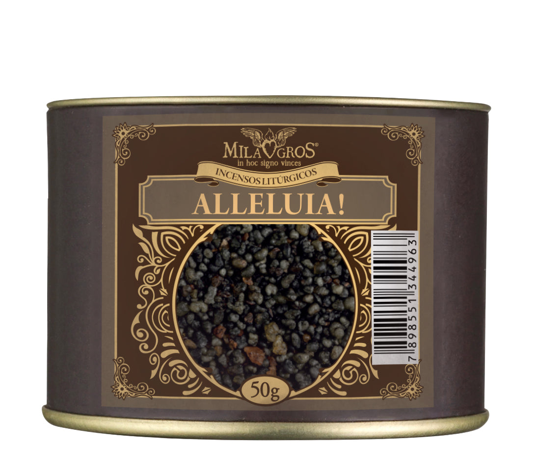50g canister of Milagros Alleluia resin incense beside a pile of resin grains.