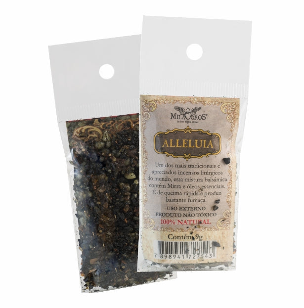 9g sachet of Milagros Alleluia resin incense, shown front and back with devotional label.