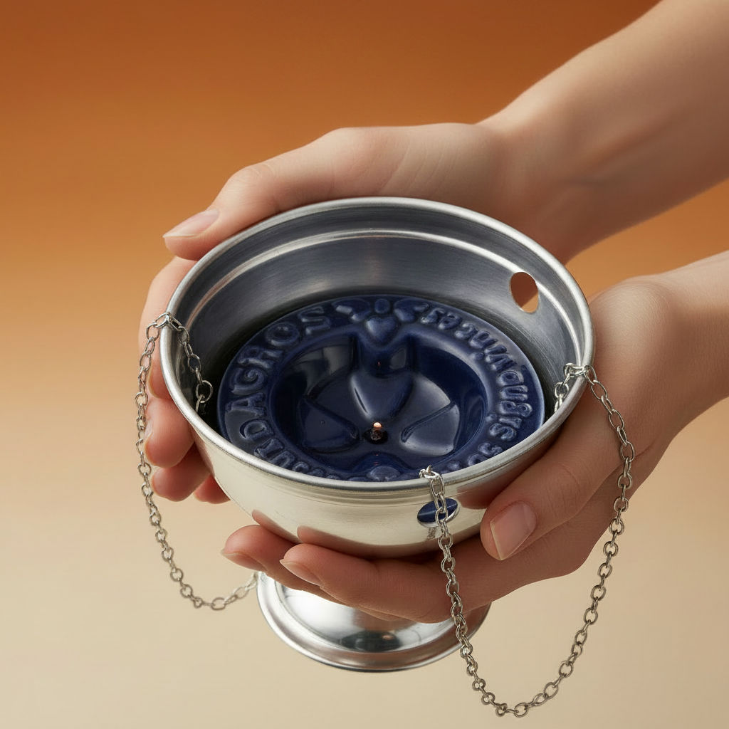 Hands holding the censer's silver bowl, showing the blue embossed ceramic liner inside