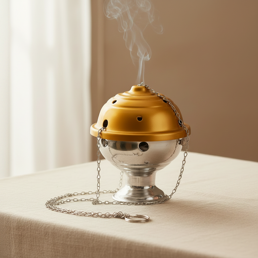 Gold-lidded aluminum thurible with silver bowl, incense smoke rising, on a beige linen tabletop