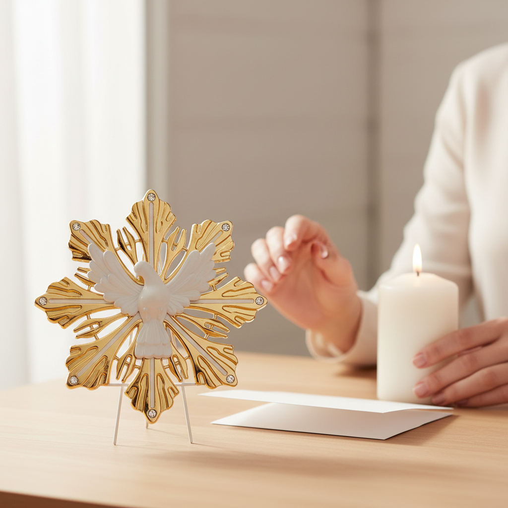Holy Spirit Dove Ornament — Gold Sunburst with White Dove