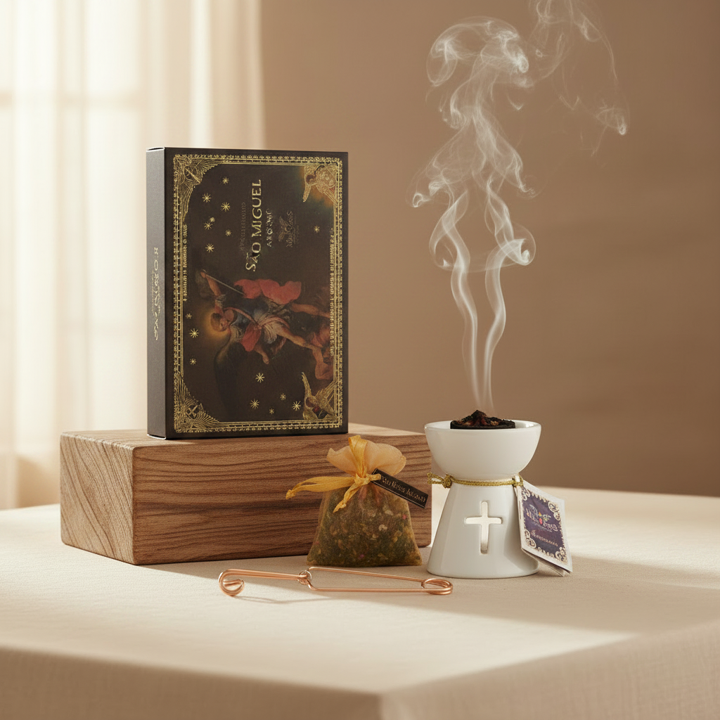 Incense burner with smoke, Saint Michael Archangel box, and incense resin bags on a table.