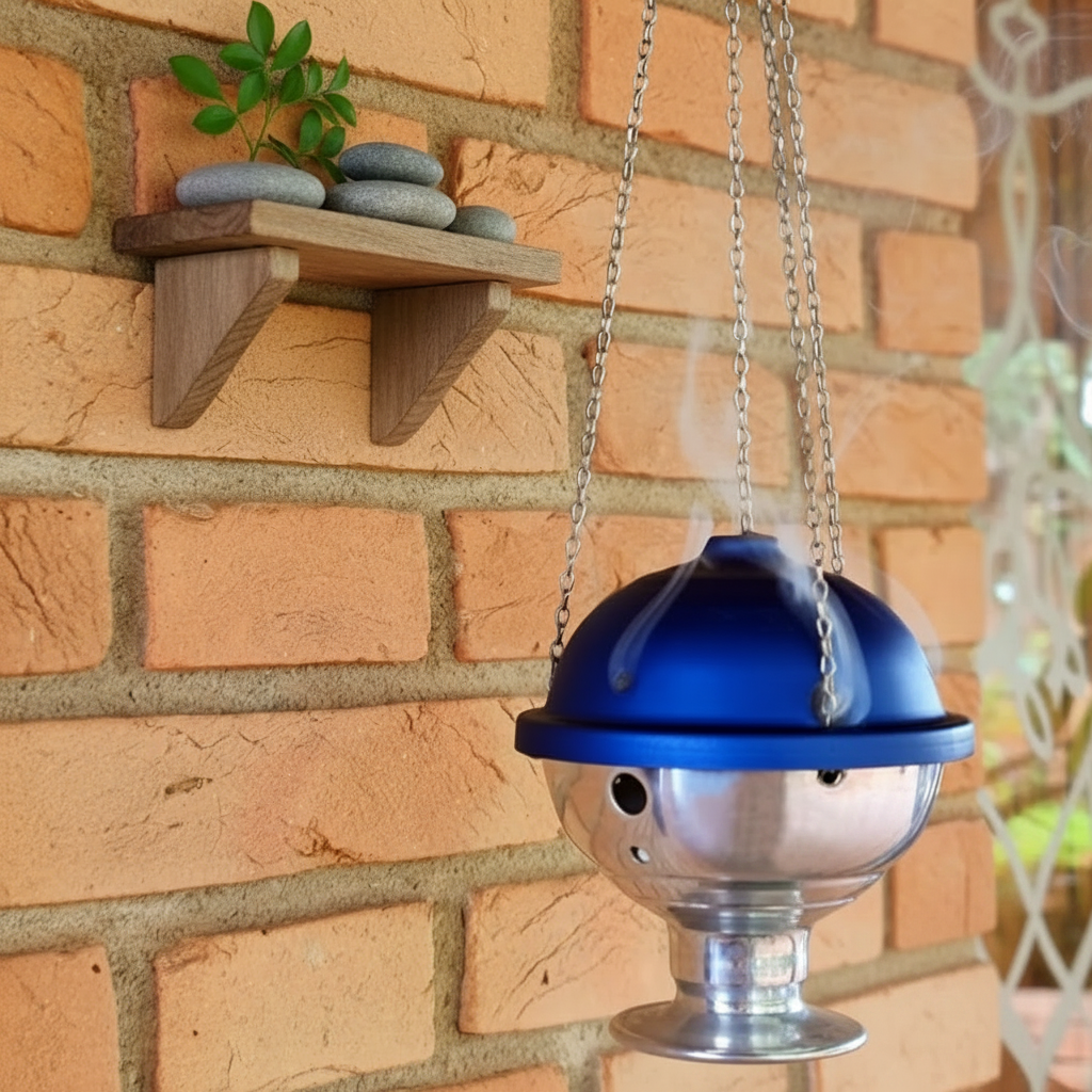 Matte turquoise chained censer hanging by its chain against a brick wall beside a small stone shelf